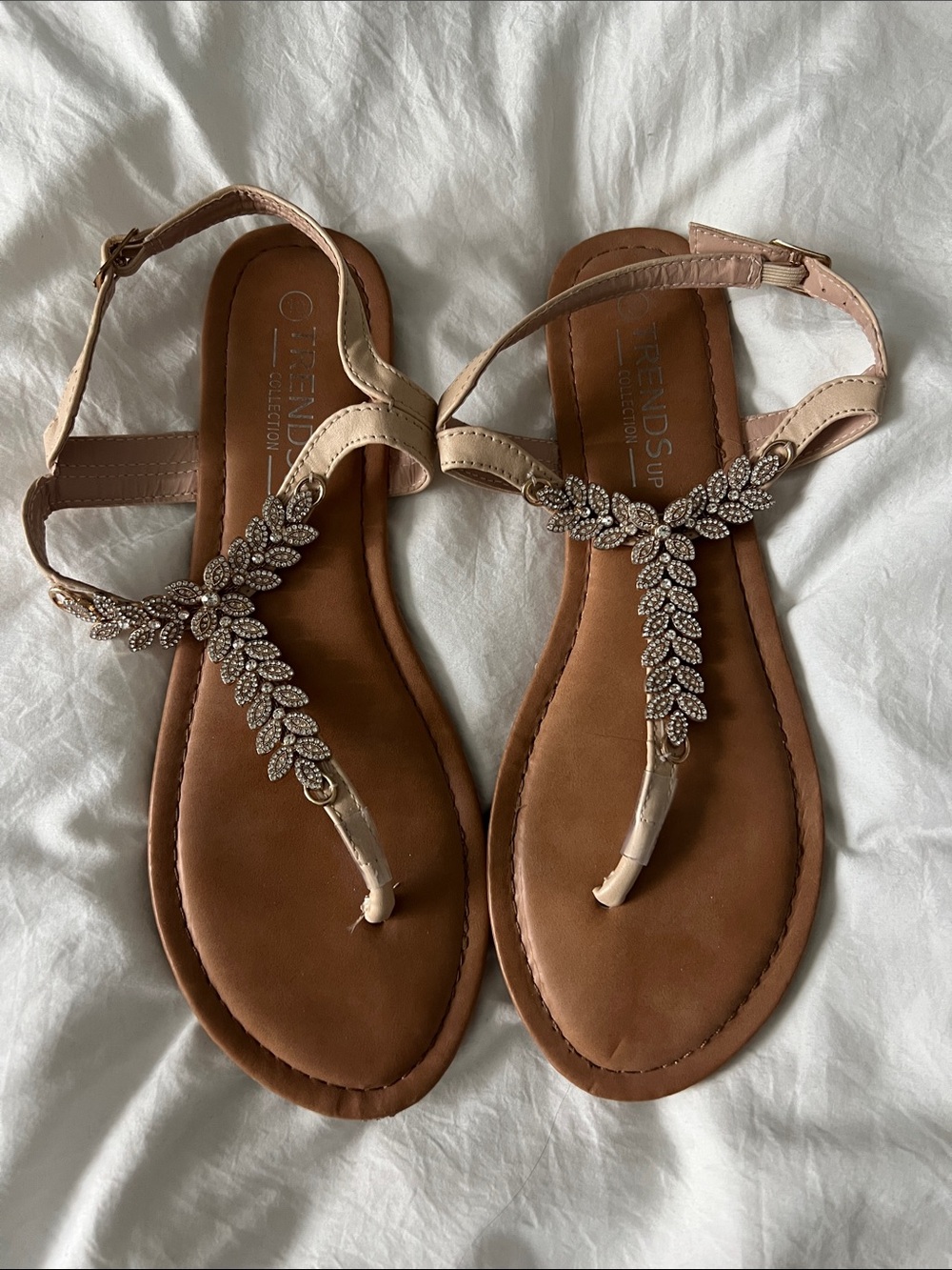 Embellished Beige T-Strap Sandals with Crystal Leaf Detail
